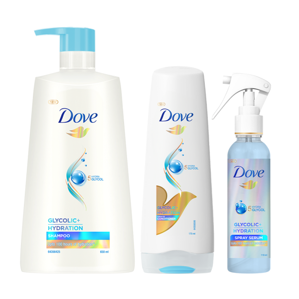 Dove Glycolic Hydration XL Shampoo - 650ml & Conditioner - 175ml & Serum Spray - 110ml Cheap