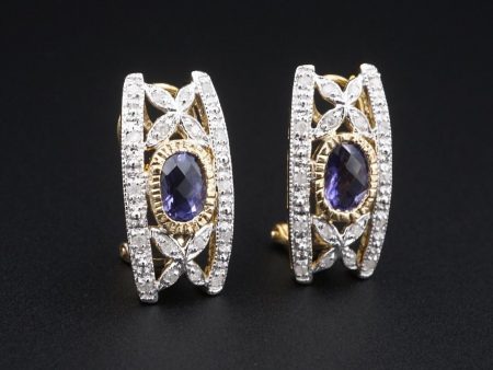 Tanzanite Diamond Earrings 10k Gold Omega Back Huggie 1 ctw 7 8  EG2433 Online Hot Sale