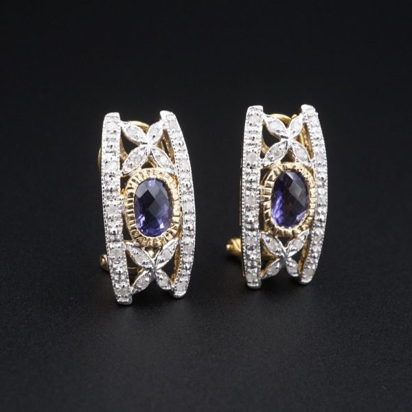 Tanzanite Diamond Earrings 10k Gold Omega Back Huggie 1 ctw 7 8  EG2433 Online Hot Sale