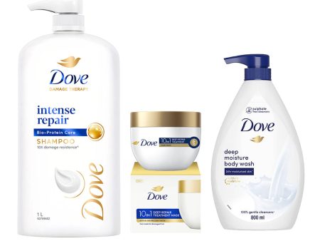 Dove Intense Repair Shampoo 1L, Hair Mask 300ml & Deeply Nourishing Body Wash 800ml (Combo Pack) Online