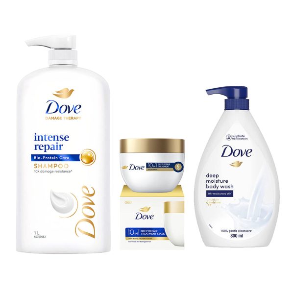 Dove Intense Repair Shampoo 1L, Hair Mask 300ml & Deeply Nourishing Body Wash 800ml (Combo Pack) Online