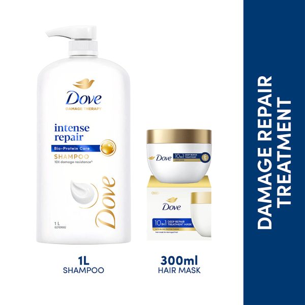 Dove Intense Repair Shampoo 1L & Dove 10 in 1 Deep Repair Treatment Hair Mask 300 ml, for damaged hair Supply