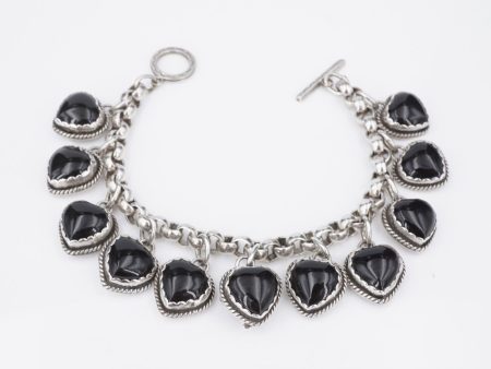 Joan Slifka Sterling Silver Reversible Heart 11 Charm Bracelet 7  Onyx BS2877 For Cheap