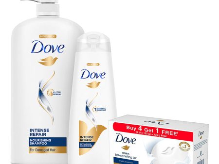 Dove Intense Repair Shampoo 1L, Conditioner 335ml & Cream Beauty Bar 125g (Buy 4 Get 1 Free) on Sale