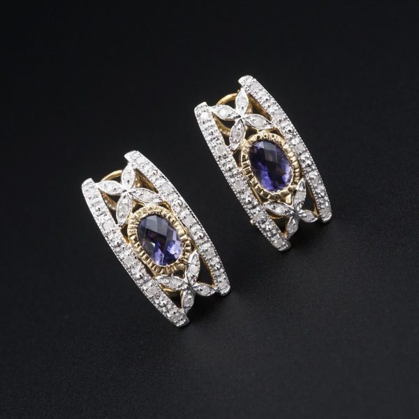 Tanzanite Diamond Earrings 10k Gold Omega Back Huggie 1 ctw 7 8  EG2433 Online Hot Sale