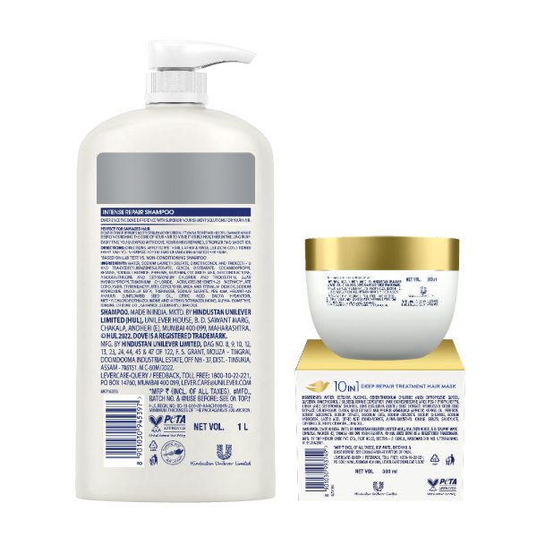 Dove Intense Repair Shampoo 1L & Dove 10 in 1 Deep Repair Treatment Hair Mask 300 ml, for damaged hair Supply