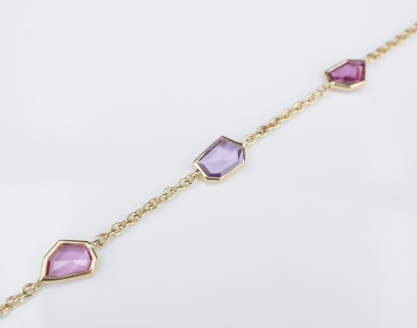 New 14k Yellow Gold Pink Purple 3 carat Sapphire 5 Station Bracelet 7  BG739 Online Sale