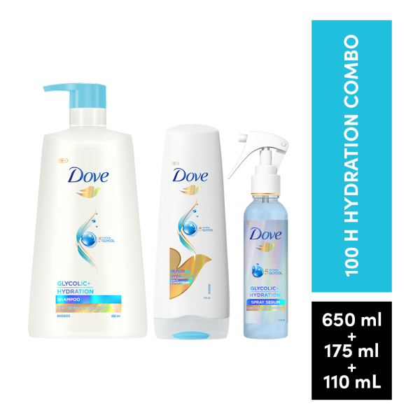 Dove Glycolic Hydration XL Shampoo - 650ml & Conditioner - 175ml & Serum Spray - 110ml Cheap