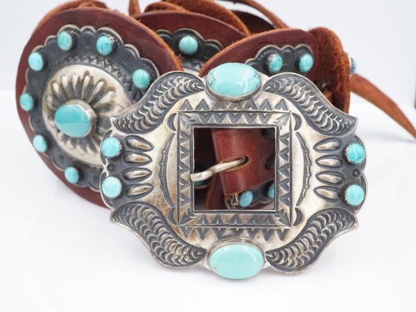 Navajo Turquoise Concho Belt Kirk Smith Sterling Silver Leather 42  M1901 Supply