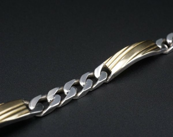 Paracci 18k Gold Sterling Silver Bracelet 2 Tone Curb Link Panel Bar 7  BS2554 Supply