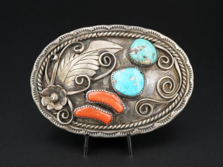 Vintage Navajo Belt Buckle Sterling Silver Turquoise Coral 3D 1960s 3.3  M1798 Fashion