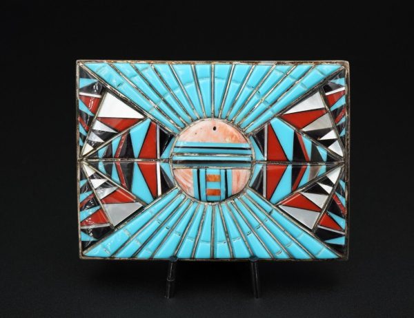 Vintage Zuni Belt Buckle Turquoise Cobble Inlay Sterling Silver Coral M1788 Online Sale