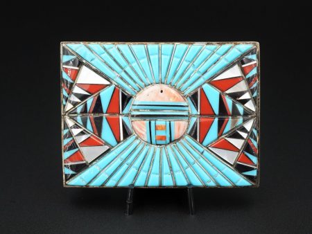 Vintage Zuni Belt Buckle Turquoise Cobble Inlay Sterling Silver Coral M1788 Online Sale