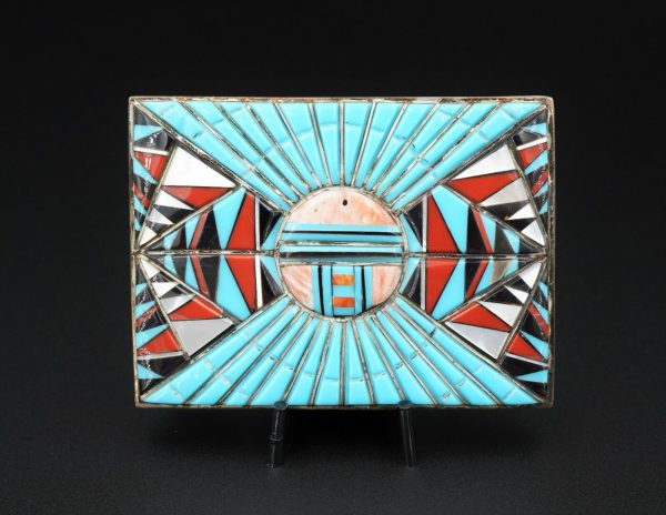 Vintage Zuni Belt Buckle Turquoise Cobble Inlay Sterling Silver Coral M1788 Online Sale