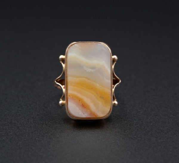 Unique Vintage Russian 14k Gold Veiled Agate Slab Statement Ring Sz 7.25 RG3582 Cheap