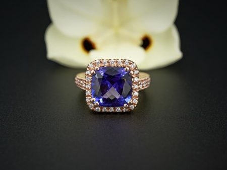 14k Rose Gold 6.25 carat Tanzanite Diamond Halo Cocktail Ring Size 7 CO1054 Online Sale