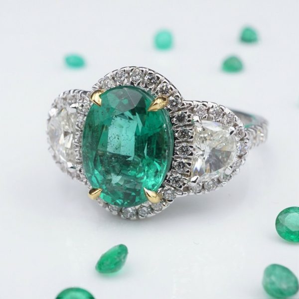 NWOT 18k White Gold 4.4ctw Natural Emerald Diamond Halo Ring Size 6.5 CO885 Discount