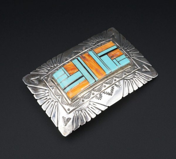 Signed Navajo RS Sterling Silver Turquoise Spiny Oyster Belt Buckle 3  M1790 Sale