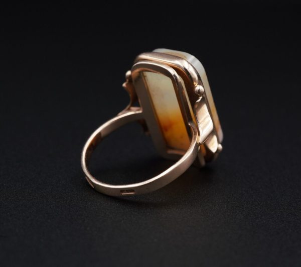 Unique Vintage Russian 14k Gold Veiled Agate Slab Statement Ring Sz 7.25 RG3582 Cheap