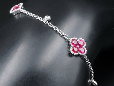 Ruby Diamond Station Bracelet Quatrefoil 18k White Gold 1.75ct 7  BG640 Fashion