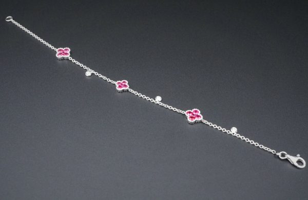 Ruby Diamond Station Bracelet Quatrefoil 18k White Gold 1.75ct 7  BG640 Fashion