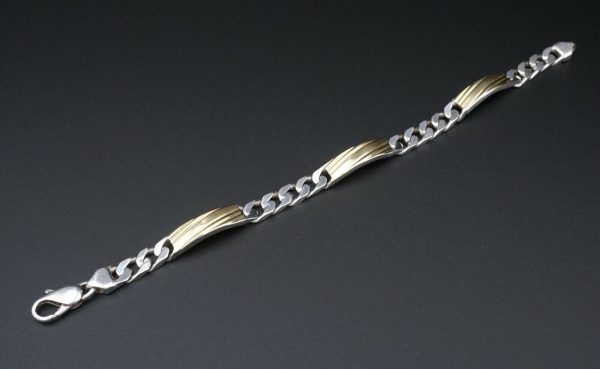 Paracci 18k Gold Sterling Silver Bracelet 2 Tone Curb Link Panel Bar 7  BS2554 Supply