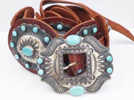 Navajo Turquoise Concho Belt Kirk Smith Sterling Silver Leather 42  M1901 Supply