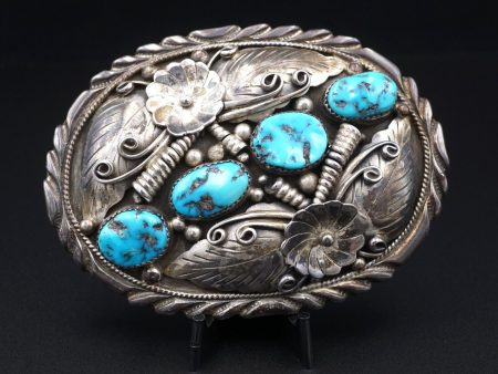 Vintage Navajo Sterling Silver Turquoise Belt Buckle 3.4  Fred James M1867 Sale