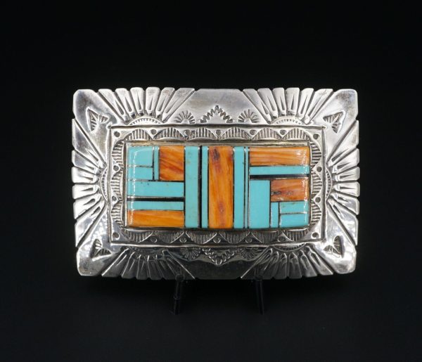 Signed Navajo RS Sterling Silver Turquoise Spiny Oyster Belt Buckle 3  M1790 Sale