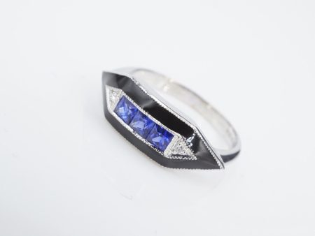 14k Gold Sapphire Diamond Black Enamel Cocktail Ring Size 7 Trendy RG4060 Cheap