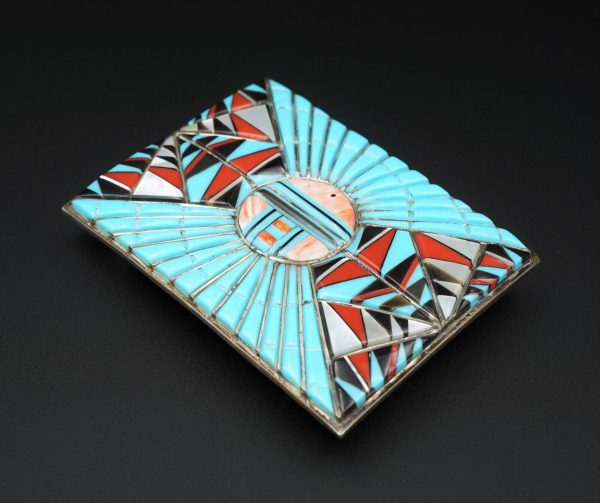 Vintage Zuni Belt Buckle Turquoise Cobble Inlay Sterling Silver Coral M1788 Online Sale