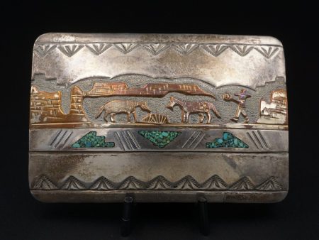 Vintage Sterling Silver 12k Turquoise Inlay Belt Buckle Artisan Signed RB M1879 Sale