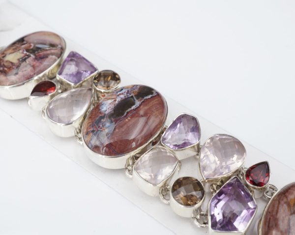 Signed Sj Chunky Sterling Silver Multi Gemstone Toggle Bracelet 7.75  BS2735 Sale