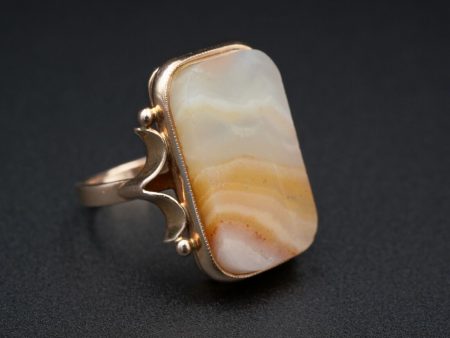 Unique Vintage Russian 14k Gold Veiled Agate Slab Statement Ring Sz 7.25 RG3582 Cheap