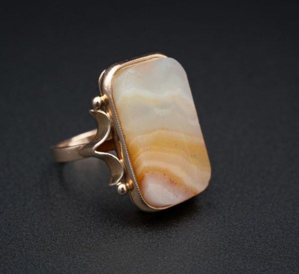 Unique Vintage Russian 14k Gold Veiled Agate Slab Statement Ring Sz 7.25 RG3582 Cheap