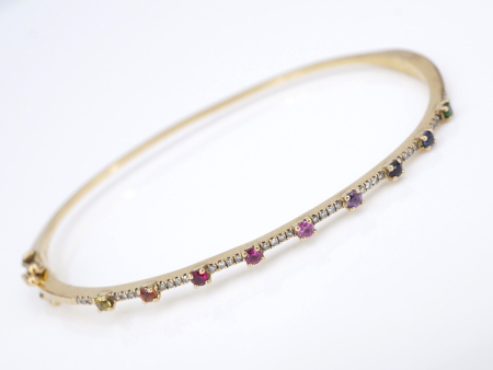 14k Gold Thin Gemstone Rainbow Sapphire Diamond Bangle Bracelet 15cm BG844 Discount